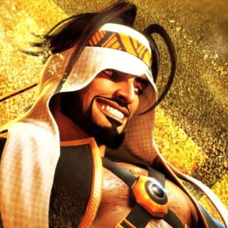 A smiling hero with a beard and headband wearing a costume with a sword.