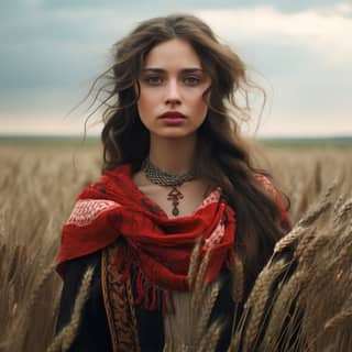 stading in the field, in a field with long hair and a red scarf