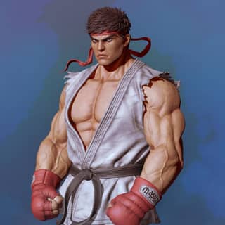 Ryu dari Street Fighter IV bertarung melawan Kazuya dalam sebuah figur mainan dengan sabuk merah.