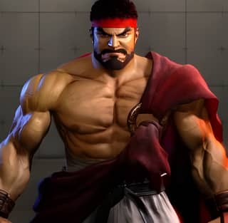 Ryu de Street Fighter IV está representado con una capa roja y una barba.