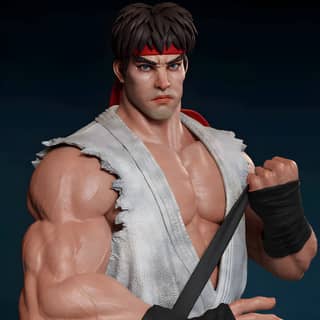 ストリートファイターVのリュウは、おもちゃのフィギュアを持ってシャドルーと戦っています。