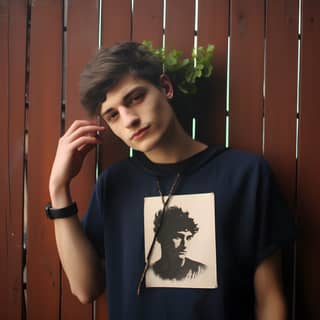 wearing a blue shirt, leaning against a wooden fence with a plant in his hair, wearing a black and white print t-shirt.