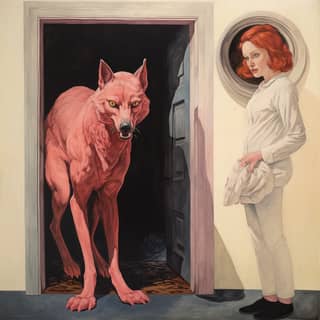 a wild pregnant wolf woman with red hair and black hoody wearing jeans in the doorway in the style of Neo Rauch in the style