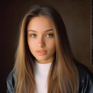 A woman with long hair and blue eyes posing in a white shirt.