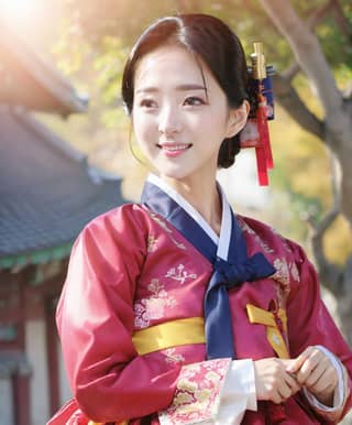 A woman in traditional Korean clothing smiles for the camera while wearing a traditional Korean dress.