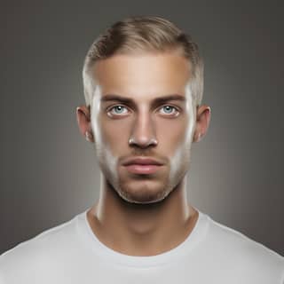 Un jeune homme aux yeux bleus et à la barbe, portant une chemise blanche et regardant la caméra.