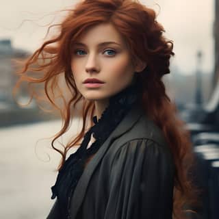 18 years old vibrant red hair woman walking next to a river poor victorian clothes grey eyes defiant expression illustration