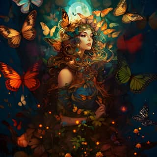 9:16 A fairy and psychedelic combination of magic mushrooms elf and butterflies Shades of cyan amber green burgundy and gold