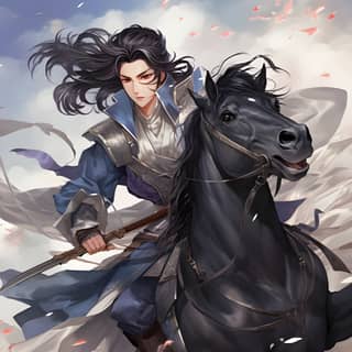 Anime CG de un apuesto adolescente montando a caballo, vestido con ropa tradicional china, empuñando una espada con una expresión seria.