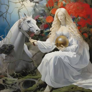 Cristo Unicorno con la Madonna Amanita Muscaria nel giardino dell'Eden, con la partecipazione di Dali, Max Ernst e Mucha, in un contesto surreale.