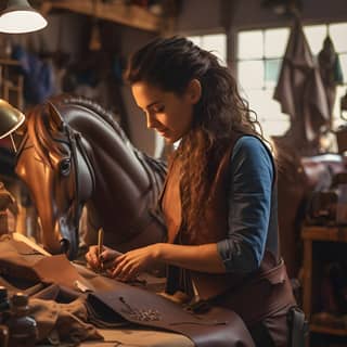 Leatherworker woman using her imagination to create leather goods using the magic of the unicorn in front of her interior of