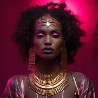 Mode an African indigenous Ramsès Pharaon with curly hair beautiful model glossy lips bright eyes gold shiny reflecting
