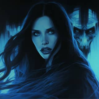 a Scream movie like poster in which there is woman with straight long black hair electric blue eyes a delicate nose high