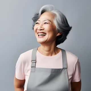 Side view shooting full body of Healthy Asian female 65 years candid pose housewife blue casual costume in kitchen smiling