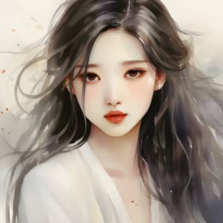 beautiful contemporary modern chinese medium long hair sad mood, girl with long hair and a white shirt