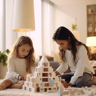 beautiful sleek modern two kids building wooden toys on the carpet 