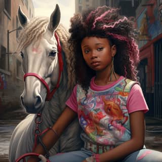 black girl in the ghetto with a unicorn, girl with pink hair sitting on a horse