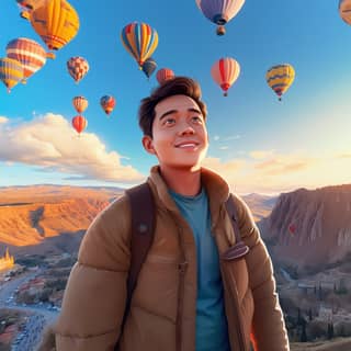Un hombre con una chaqueta marrón y azul está parado frente a una montaña con globos aerostáticos volando sobre él.