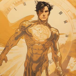 La portada del cómic Timenkicker presenta a un apuesto viajero del tiempo dorado volando a la velocidad de la luz con líneas de velocidad detrás de él mientras la historia gira a su alrededor, creando un diseño vibrante y armonioso.