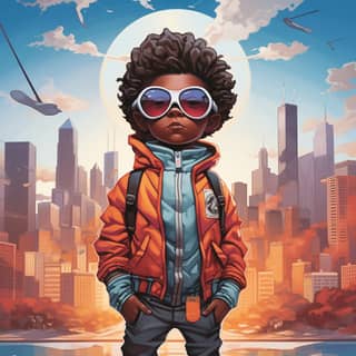 create a Hebru Brantley styled character lifelike aspect ratio 16:9 colorful set against the Chicago skyline