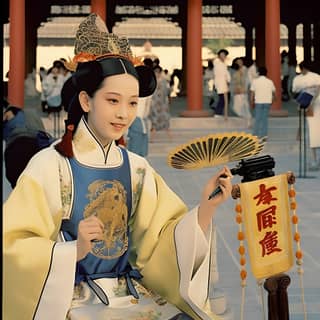 dressed in Qing Dynasty costumes use tripods to hold cameras to interview Qing Dynasty emperors or characters 