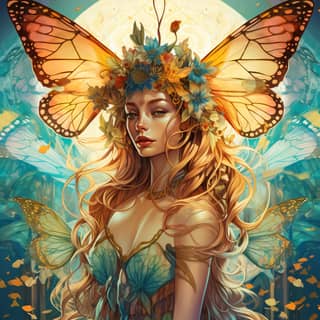 A fairy and psychedelic combination of magic mushrooms elf and butterflies Shades of cyan amber green burgundy and gold