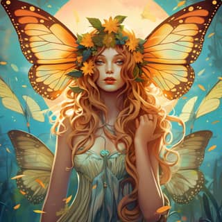 A fairy and psychedelic combination of magic mushrooms elf and butterflies Shades of cyan amber green burgundy and gold