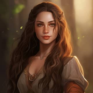 a female elf she has long hair brown eyes light brown skin pointy elf ears she has straight eyebrows she is pretty cheerful