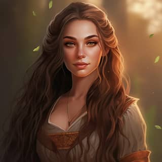 a female elf she has long hair brown eyes light brown skin pointy elf ears she has straight eyebrows she is pretty cheerful