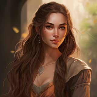 Uma elfa bonita e alegre com cabelos longos, olhos castanhos, pele clara e orelhas pontiagudas, vestindo um vestido medieval e um colar.
