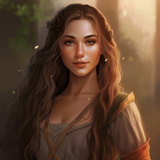 a female elf she has long hair brown eyes light brown skin pointy elf ears she has straight eyebrows she is pretty cheerful