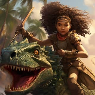 a girl riding on a dinosaur in a video game