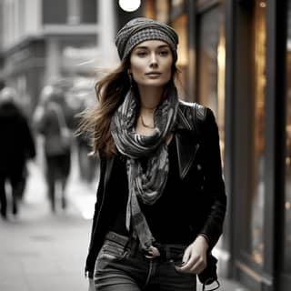 high end fashion street photography vogue model latest fashions, in a scarf and jacket walking down the street