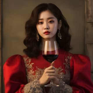 korean chinese celebrity holding wine in the style of 1990s natural skin