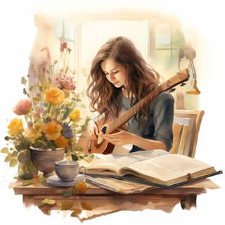 La ragazza con i lunghi capelli sta lavorando felicemente a un tavolo nella sua bellissima casa, ascoltando musica e scrivendo in un libro.