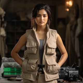 a model wearing a tan vest with three pockets in the style of fujifilm pro 400h dinocore womancore meticulous attention to