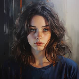 oil color Portrait shift of values and colors exaggrated girl 20 year old Brunette with straight hair dark eyes