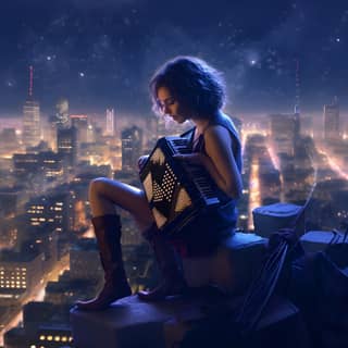 playing the accordion on top of a skyscraper Night view of surrounding buildings