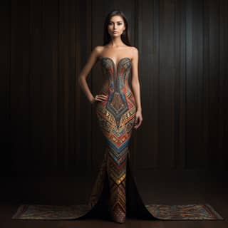 poses in a long form-fitting evening dress the pattern and design of the dress inspired by Thai fabric patterns