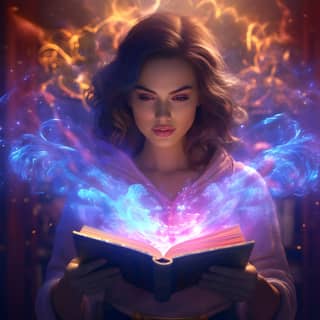 reading from magical glowing book that has energy particles and vibrant colorful swirls emitting digital realism symmetrical