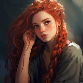 red haired girl shy braid fantasy art blushing, red haired woman with long hair