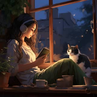 Una niña se sienta junto a una gran ventana con auriculares puestos, leyendo un libro. Un gato blanco con ojos verdes se sienta en el alféizar de la ventana y mira a la niña.