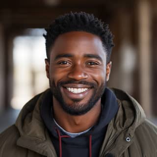 Homme souriant avec une barbe et un sweat à capuche noir sous une veste verte et un parka.