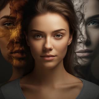 a split personality three sides of a person Behave, with different skin tones and with a face