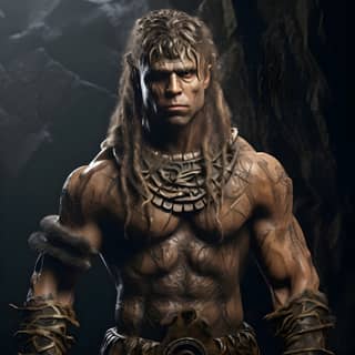 Una guerrera de la Edad de Piedra arcaica con joyas de hueso, piel de cuero bronceada y una complexión muscular y tonificada, adornada con rastas y empuñando una espada.