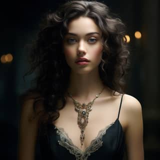 A stunning beauty adorned with a lifelike diamond necklace, beautiful woman with long curly hair and jewelry
