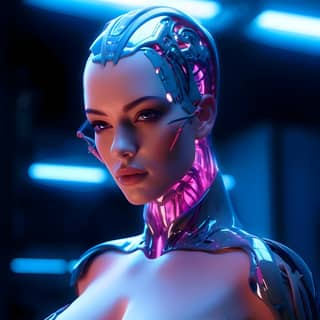 Una impresionante mujer cyborg de neón con un atuendo futurista con luces rosadas y una cabeza brillante.