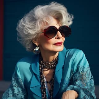 stylish older lady in sunglasses, an older woman wearing sunglasses and a blue shirt