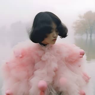 in the middle of autumn river foggy yokai lots of clouds made of flowers fashion editorial in the style of Simone Rocha