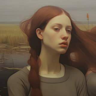two women with long hair standing in front of a body of water